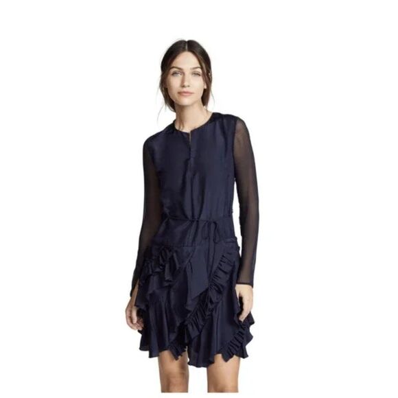 Grey JASON WU Silk Long Sleeve Ruffle Dress - size 4 in Midnight Blue - Picture 3 of 13